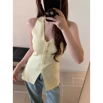 黄色针织背心女外穿夏季内搭v领纯欲设计感短款绝美不规则小上衣