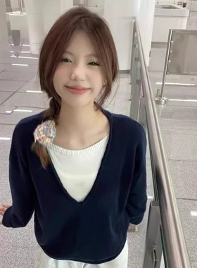 蓝色假两件针织衫上衣女新款穿搭早秋季设计感韩系慵懒学院风毛衣