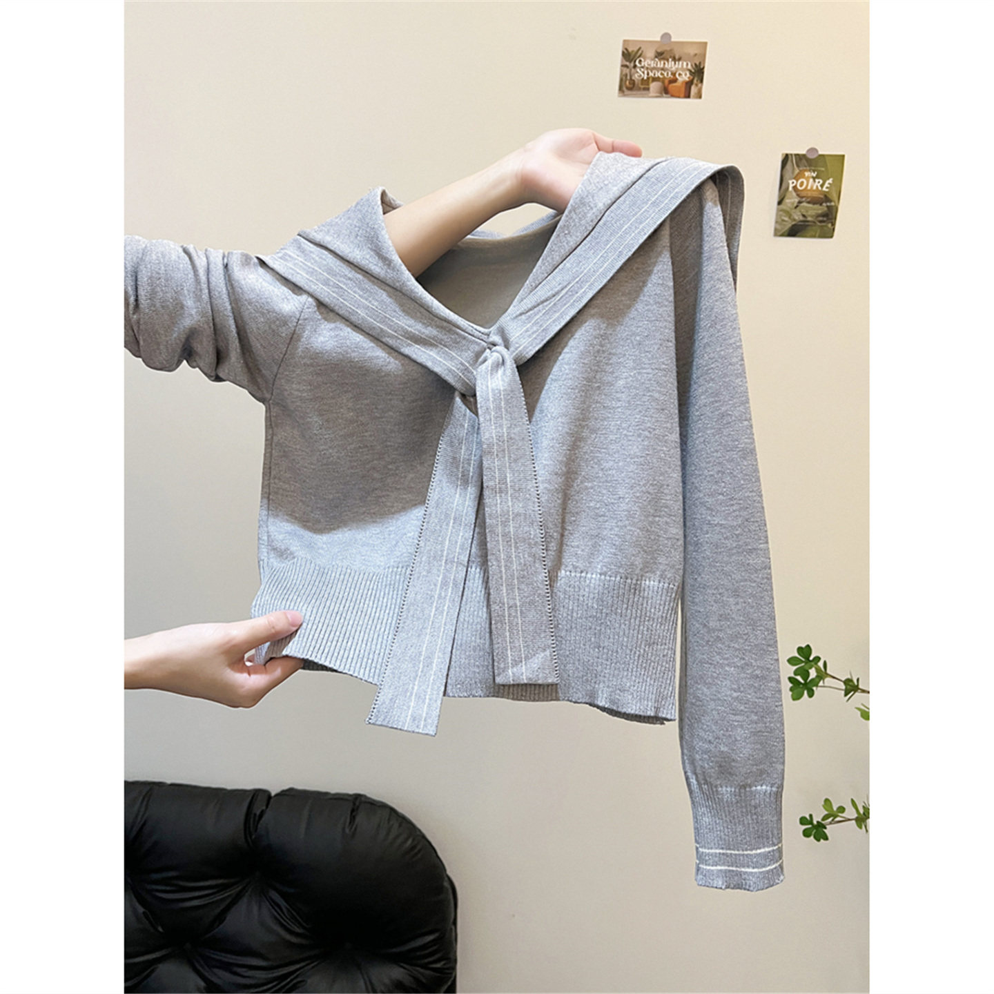 设计感绑带针织衫上衣女2025秋冬新款韩系气质海军领长袖打底毛衣