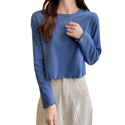 木耳边短款t恤女长袖内搭打底衫