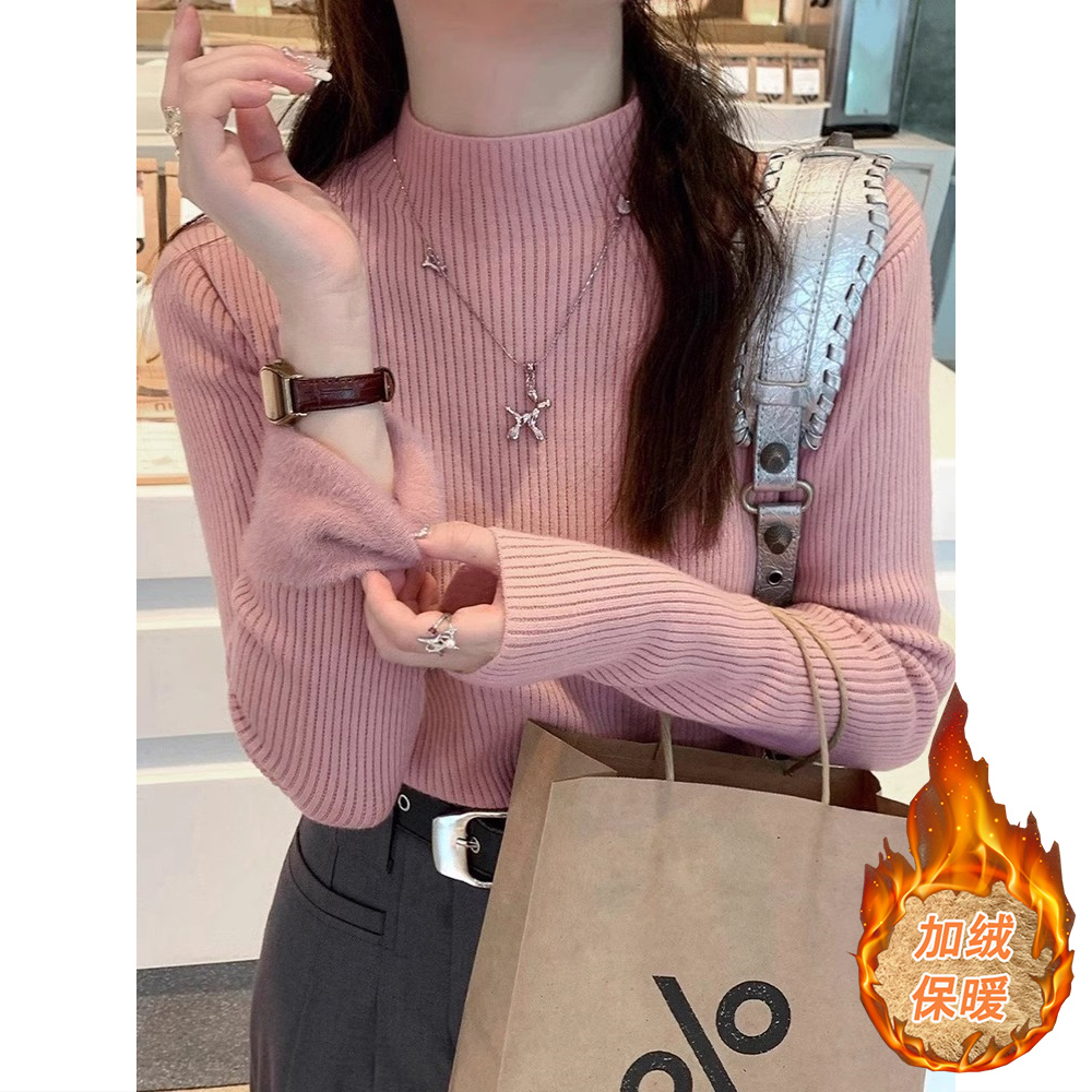 加厚一体绒保暖粉色毛衣女内搭打底衫秋冬季半高领长袖针织衫上衣