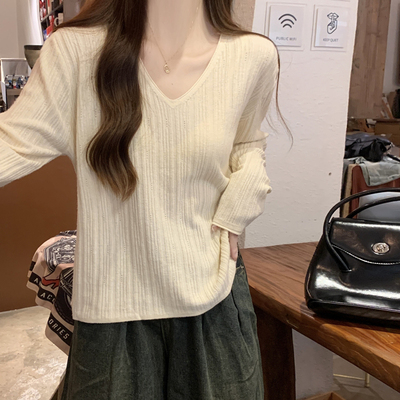 早秋新款宽松慵懒风v领长袖针织衫上衣秋冬薄款内搭毛衣女打底衫
