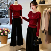 法式 高级感红色假两件针织衫 女上衣春秋冬设计感斗篷披肩内搭毛衣