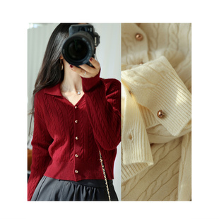 秋冬修身短款长袖针织开衫上衣法式高级感气质百搭红色毛衣外套女