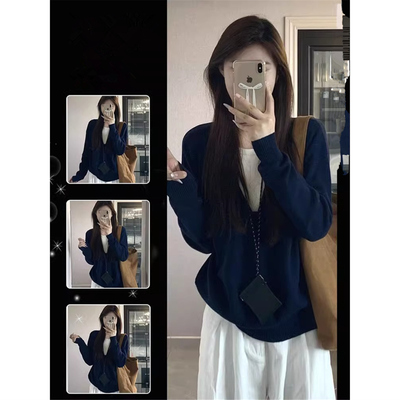 秋冬长袖打底针织衫上衣高级设计感宽松慵懒假两件撞色内搭毛衣女