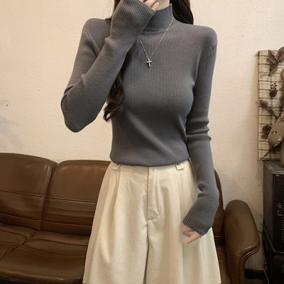 秋冬内搭半高领长袖打底针织衫上衣高级感加厚一体绒灰色毛衣女士