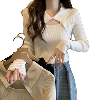 设计感小众镂空polo领长袖针织衫