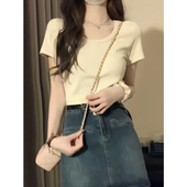 新款 辣妹纯欲短款 圆领修身 美式 小个子上衣 显瘦正肩t恤女短袖 夏季