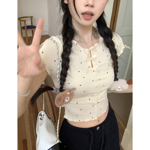 正肩t恤女短袖夏季韩系甜美蝴蝶结波点印花设计感别致独特小上衣