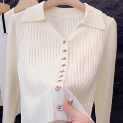 法式polo翻领长袖针织开衫女秋冬季修身显瘦内搭打底毛衣外套上衣