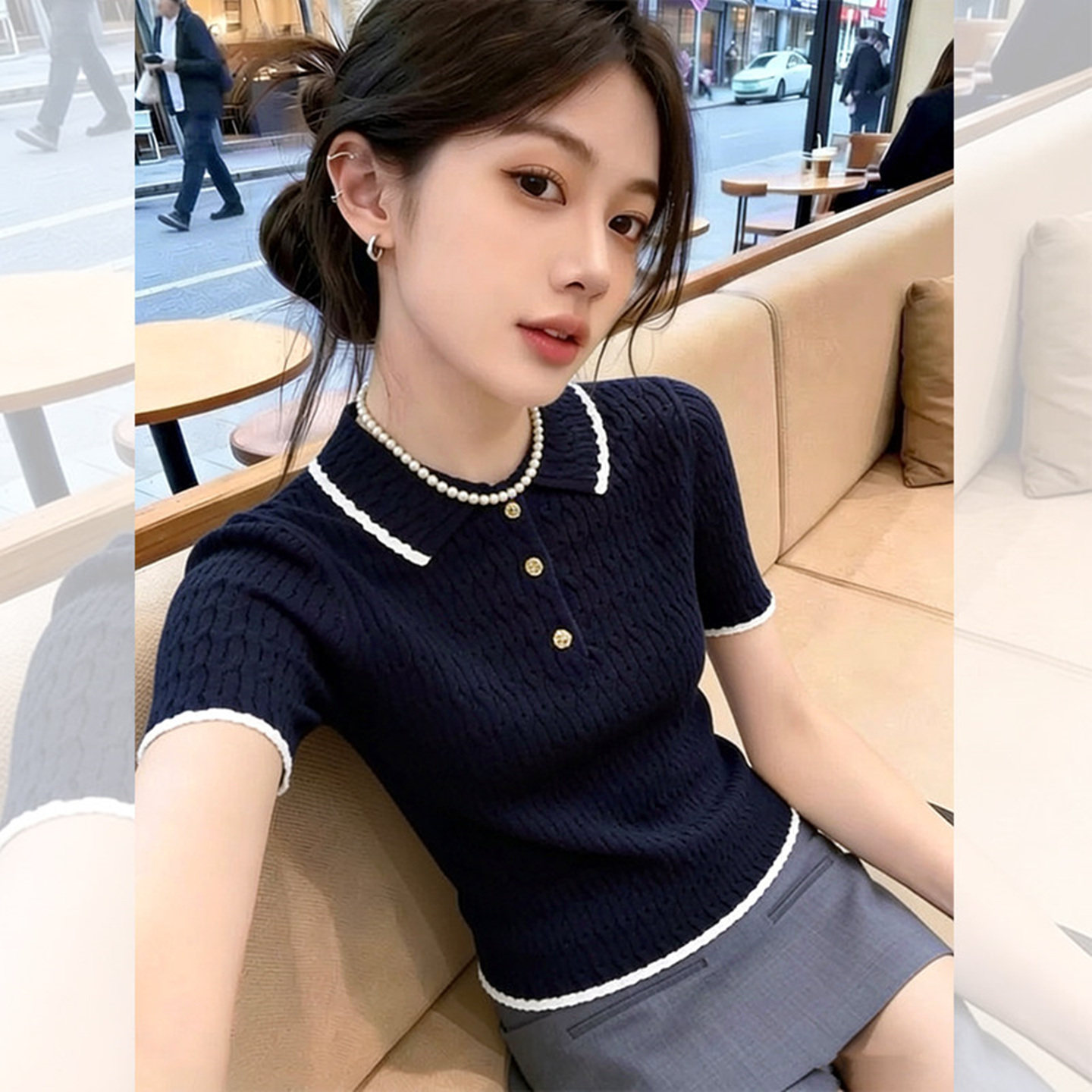 韩系设计感小众撞色polo领短袖针织衫女夏季显瘦修身百搭t恤上衣
