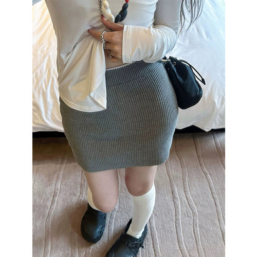 灰色针织a字半身裙女夏季气质休闲运动设计感辣妹高腰包臀短裙子