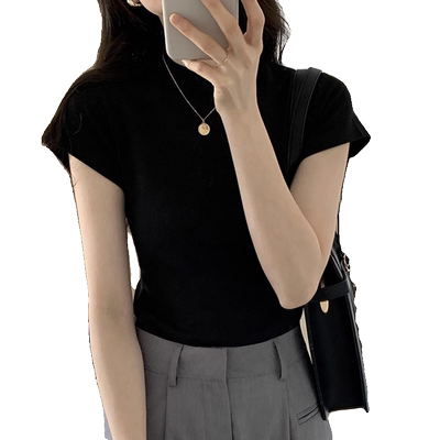 黑色正肩t恤女短袖夏季百搭修身显瘦辣妹短款圆领体恤上衣打底衫