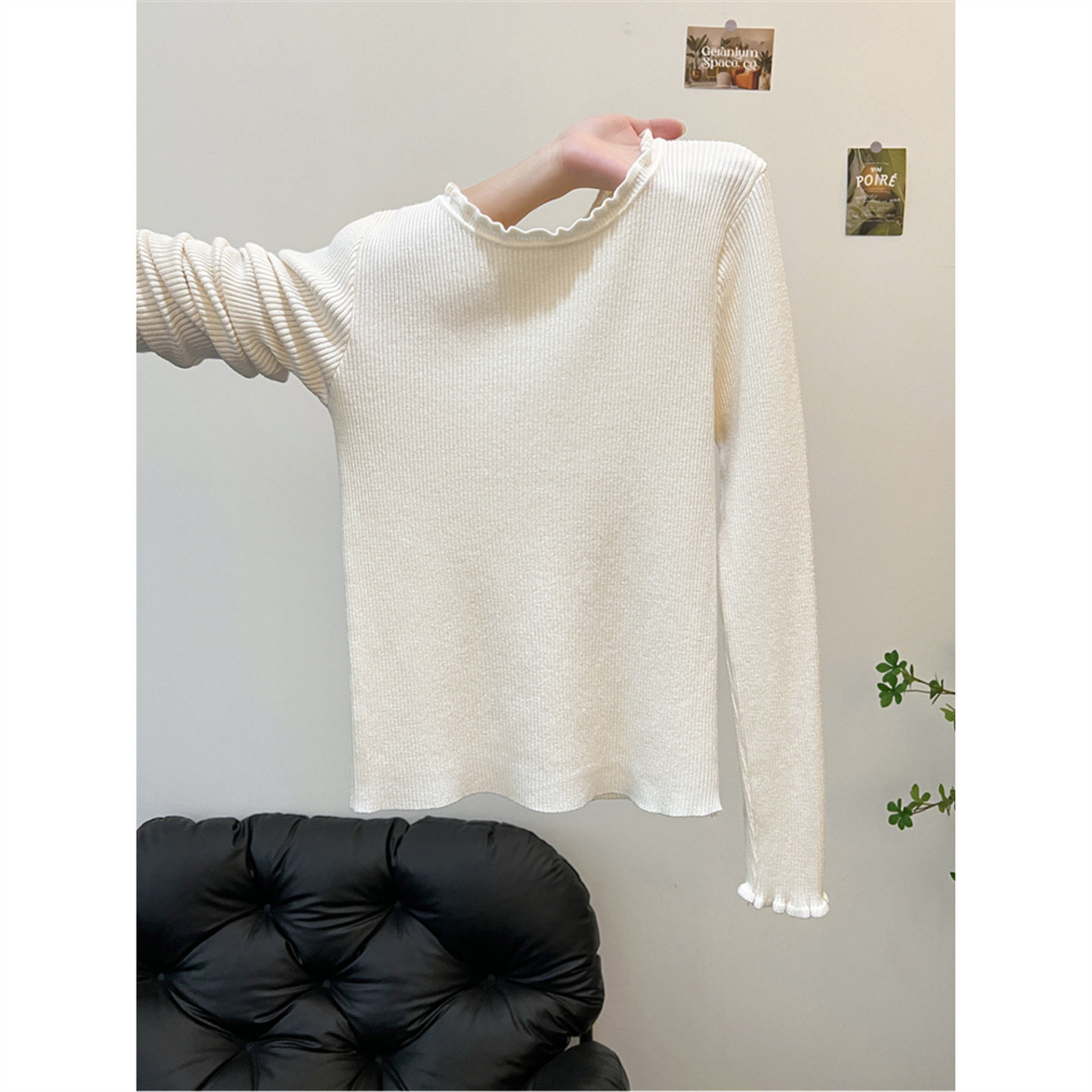 秋冬韩系木耳边圆领修身紧身长袖打底针织衫上衣超好看内搭毛衣女