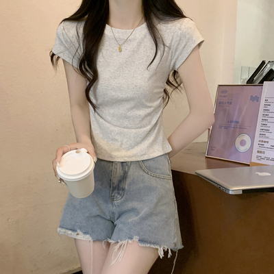 正肩灰色纯棉t恤女短袖夏季法式别致独特绝美短款掐腰修身小上衣