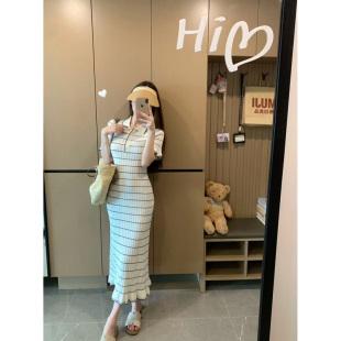 中长款 短袖 显瘦针织连衣裙Polo领包臀长裙子 条纹撞色收腰法式 夏季