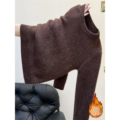 秋冬圆领长袖打底针织衫上衣高级感外穿加厚保暖一体绒内搭毛衣女