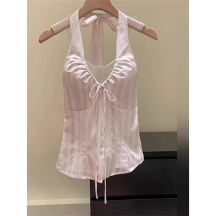 挂脖上衣女 吊带背心女2025新款 夏季 甜美外穿美背粉色短款 条纹无袖