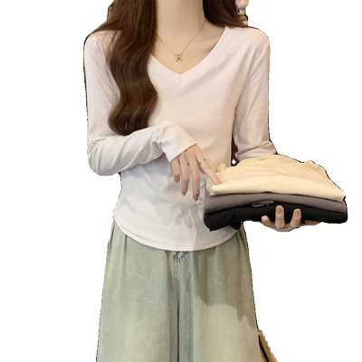 秋冬法式掐腰设计感小众v领t恤女长袖春秋修身短款内搭打底衫上衣