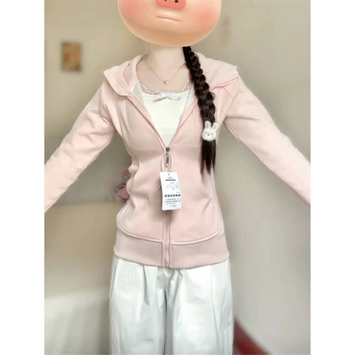 修身卫衣外套女款巨好看的早秋穿搭韩系薄款秋冬收腰显瘦粉色上衣