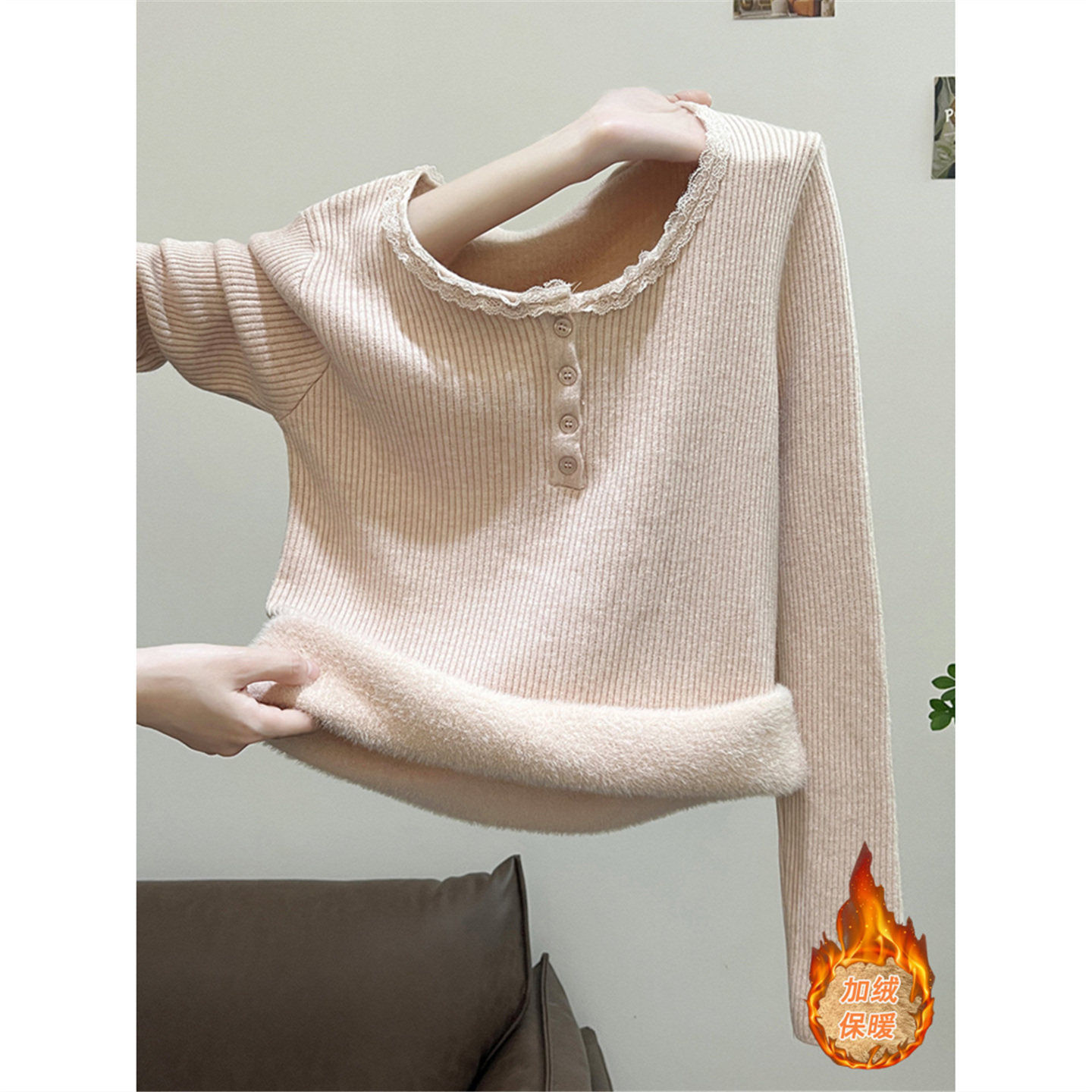 加厚一体绒粉色毛衣女秋冬保暖内搭高级感外穿长袖打底针织衫上衣,女装/女士精品,毛针织衫,淘宝优惠券,粉丝福利购,淘宝优惠卷