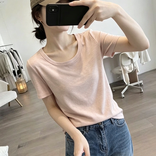韩系简约圆领正肩短袖t恤女夏季薄款雪花棉显瘦百搭宽松粉色上衣