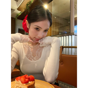 上衣 针织毛衣女早秋内搭打底衫 法式 高级感u领蕾丝花边蝴蝶结长袖