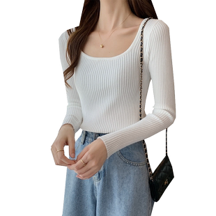 秋冬新款百搭修身洋气长袖打底针织衫上衣法式方领内搭毛衣女春秋