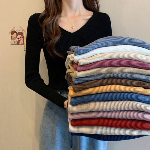 秋冬新款紧身v领内搭女士针织衫