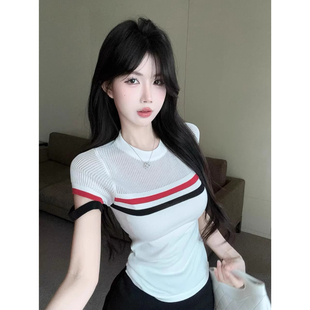 显瘦正肩上衣 老钱风条纹针织衫 短袖 t恤女夏季 高级感纯欲辣妹修身