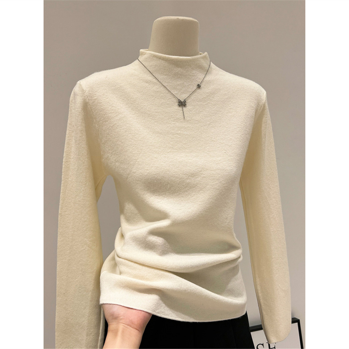 简约百搭基础款杏色半高领针织衫女春秋修身紧身内搭打底毛衣上衣