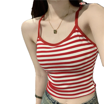 带胸垫背心女外穿夏季条纹辣妹短款法式别致交叉露背内搭吊带上衣