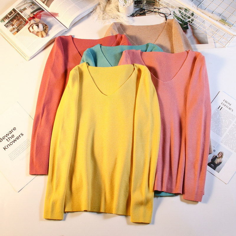 春秋新款百搭修身紧身v领长袖打底毛衣女秋冬薄款内搭针织衫上衣,女装/女士精品,毛针织衫,淘宝优惠券,粉丝福利购,淘宝优惠卷