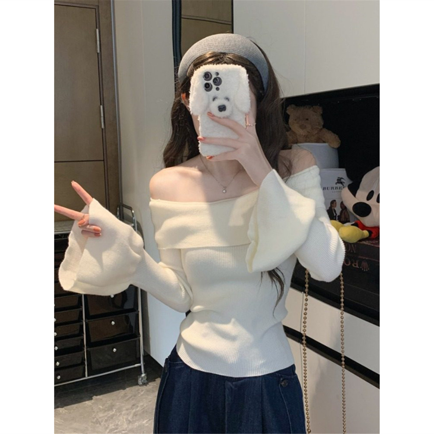 一字肩喇叭袖针织衫上衣秋冬2026新款修身紧身长袖打底内搭毛衣女,女装/女士精品,毛针织衫,淘宝优惠券,粉丝福利购,淘宝优惠卷