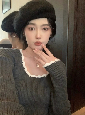 灰色毛衣女内搭春秋冬薄款复古木耳边撞色圆领长袖打底针织衫上衣