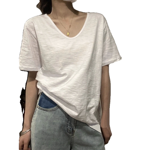 夏季简约百搭宽松显瘦竹节棉t恤女短袖白色v领半袖体恤上衣打底衫