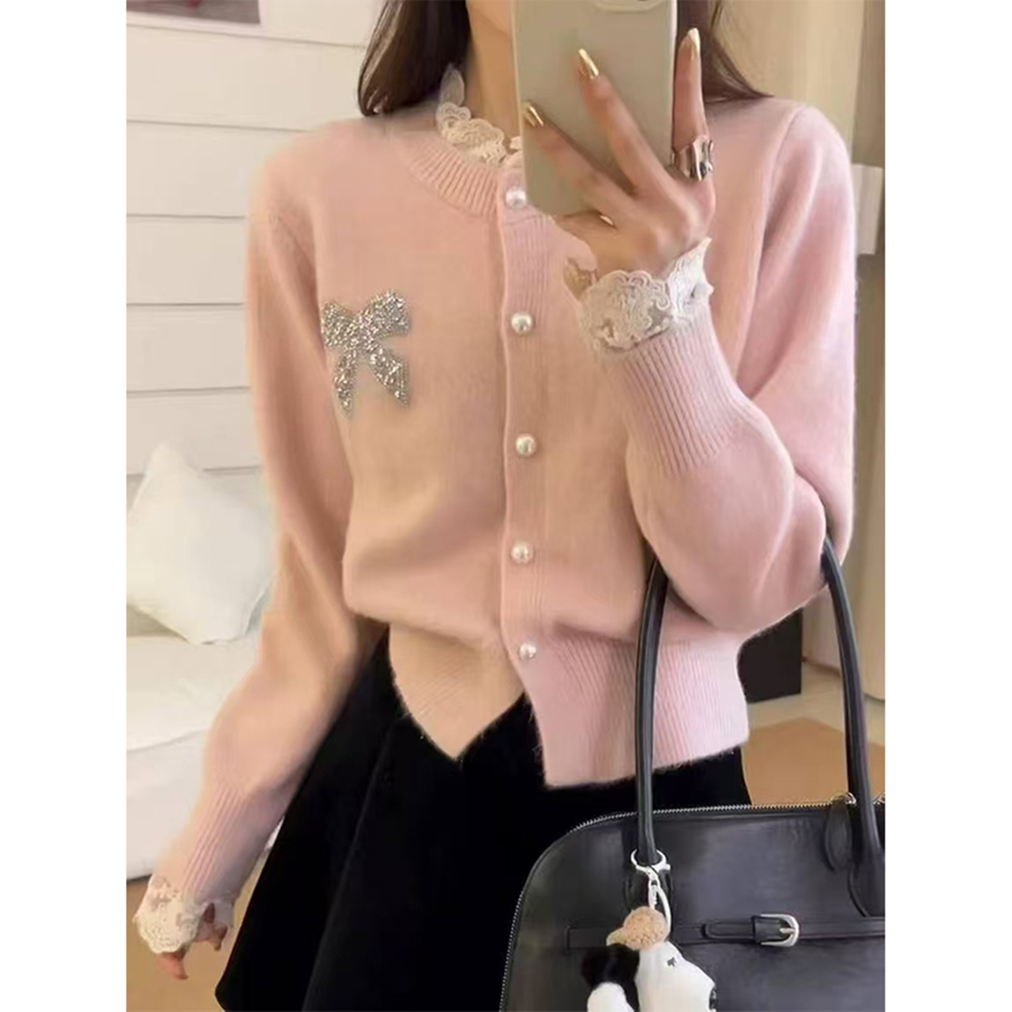 秋冬韩系设计感重工烫钻长袖针织开衫上衣蕾丝花边粉色毛衣外套女