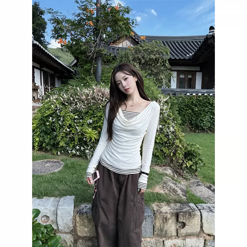 白色荡领条纹假两件长袖t恤女春秋季新款韩系修身休闲风撞色上衣