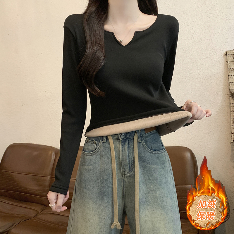 黑色t恤女长袖早秋穿搭v领百搭修身德绒打底衫加厚加绒内搭上衣服