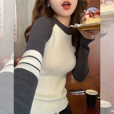 秋冬圆领修身紧身长袖针织衫上衣高级设计感撞色毛衣女内搭打底衫