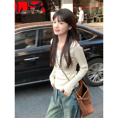 杏色v领蕾丝长袖针织打底衫女春秋冬新款内搭修身显瘦超好看上衣