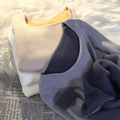 秋冬新款方领修身长袖打底针织衫上衣可外穿加厚一体绒保暖毛衣女