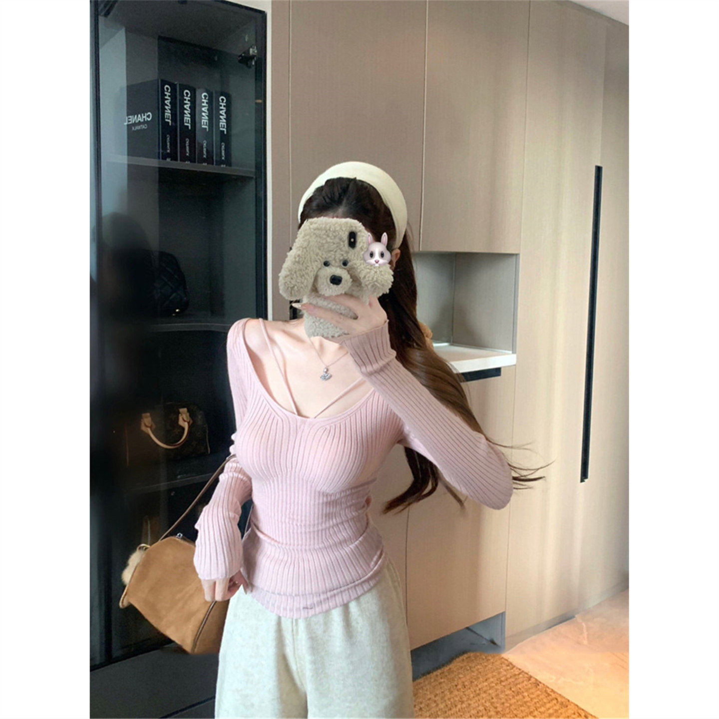 巨好看粉色修身u领针织衫女秋冬心机纯欲大领口内搭毛衣打底上衣