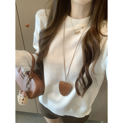 白色毛衣女打底衫春秋冬2025新款圆领宽松慵懒软糯长袖针织衫上衣