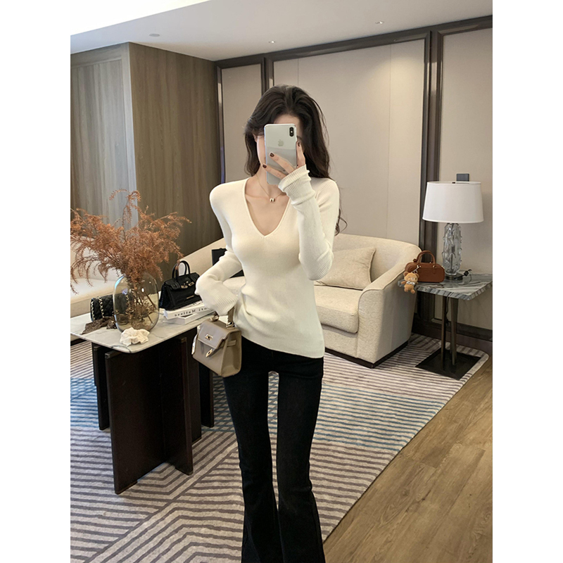 早秋韩系v领修身紧身长袖针织衫上衣巨好看白色内搭毛衣女打底衫