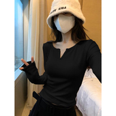 t恤女德绒打底衫 秋冬季 黑色显瘦上衣 短款 v领内搭长袖 新款 百搭修身