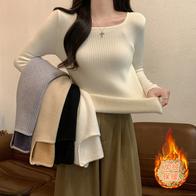 秋冬新款方领修身紧身长袖打底针织衫上衣加厚加绒保暖内搭毛衣女
