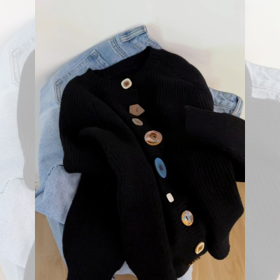 秋冬高级设计感彩色纽扣针织开衫上衣加厚保暖外搭黑色毛衣外套女