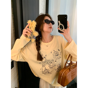 奶黄色印花微透防晒罩衫 宽松显瘦上衣 设计感t恤长袖 女2025年夏季