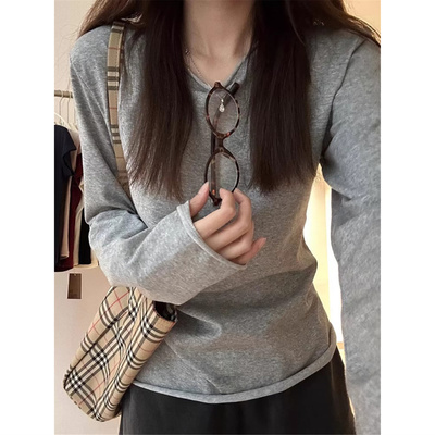 春秋冬薄款韩系卷边设计感小众长袖打底针织衫上衣圆领内搭毛衣女